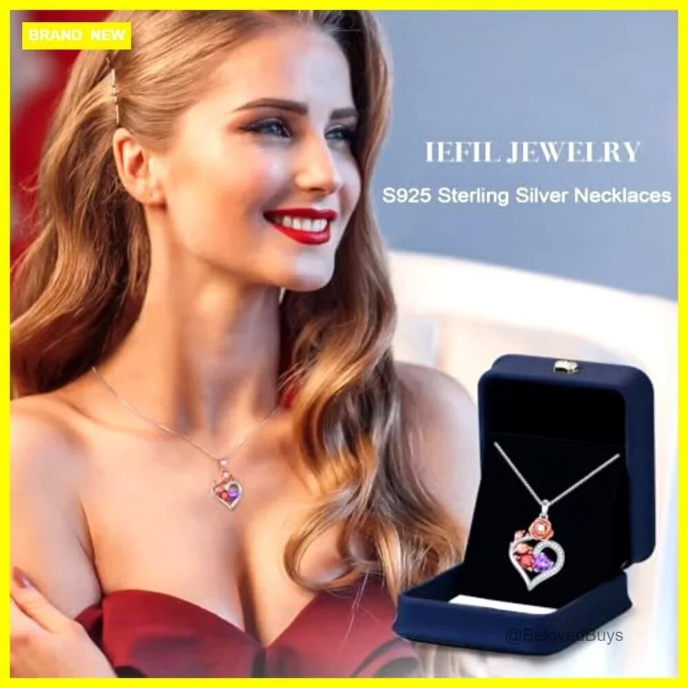 925 Sterling Silver Double Birthstone Heart Pendant Necklace 19
